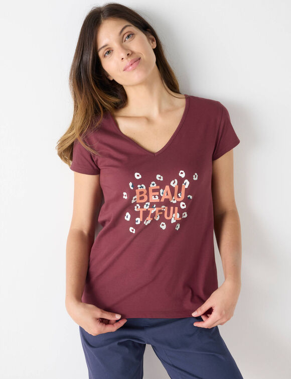 Tee-shirt manches courtes coton uni imprimé placé "Beautiful" (bordeaux) Tee-shirt manches courtes coton uni imprimé placé "Beautiful" (bordeaux)